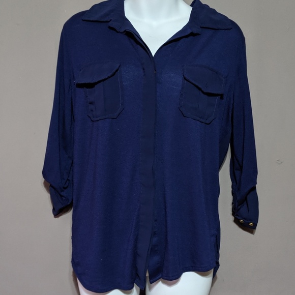 Blue button-down shirt with sheer back - Picture 1 of 6